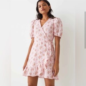 & Other Stories Womens Linen Floral Puff Sleeve Wrap Dress Pink Size 2